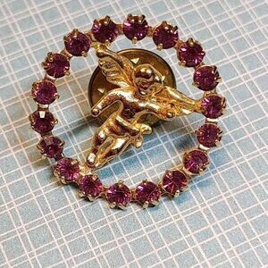 GoldTone Guardian Angel Pin Purple Rhinestone Circle Wreath vintage